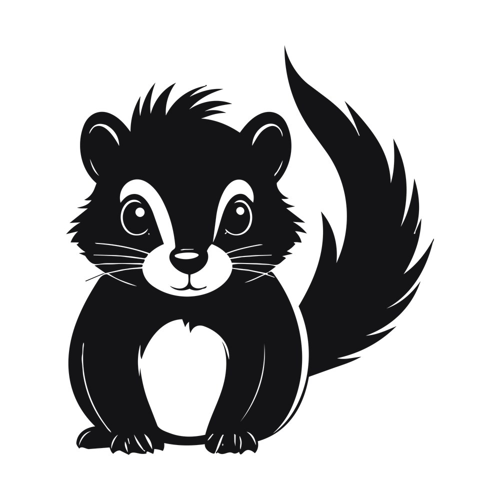 Black and white sitting skunk facing forward with big eyes, white face stripe and raised bushy tail