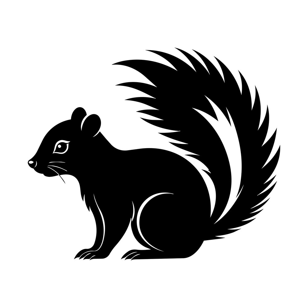 Black silhouette of a skunk sitting in profile with a large raised striped tail