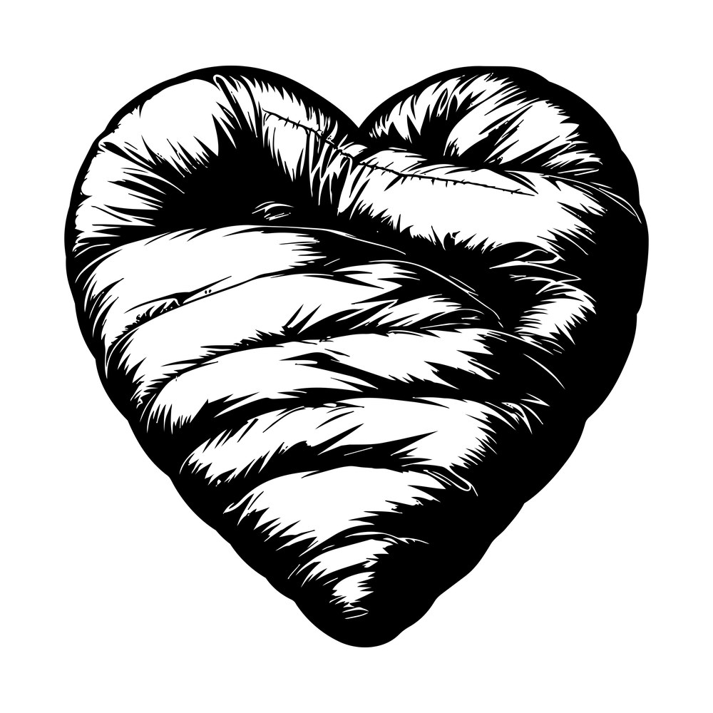 Inky line art of a quilted sleeping bag rolled into a heart shape with stitched seams