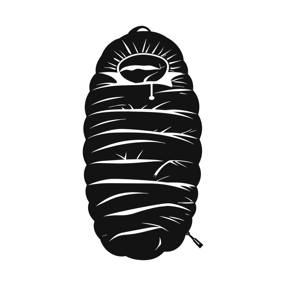 Solid black silhouette of a zipped mummy sleeping bag with quilted baffles and hood opening