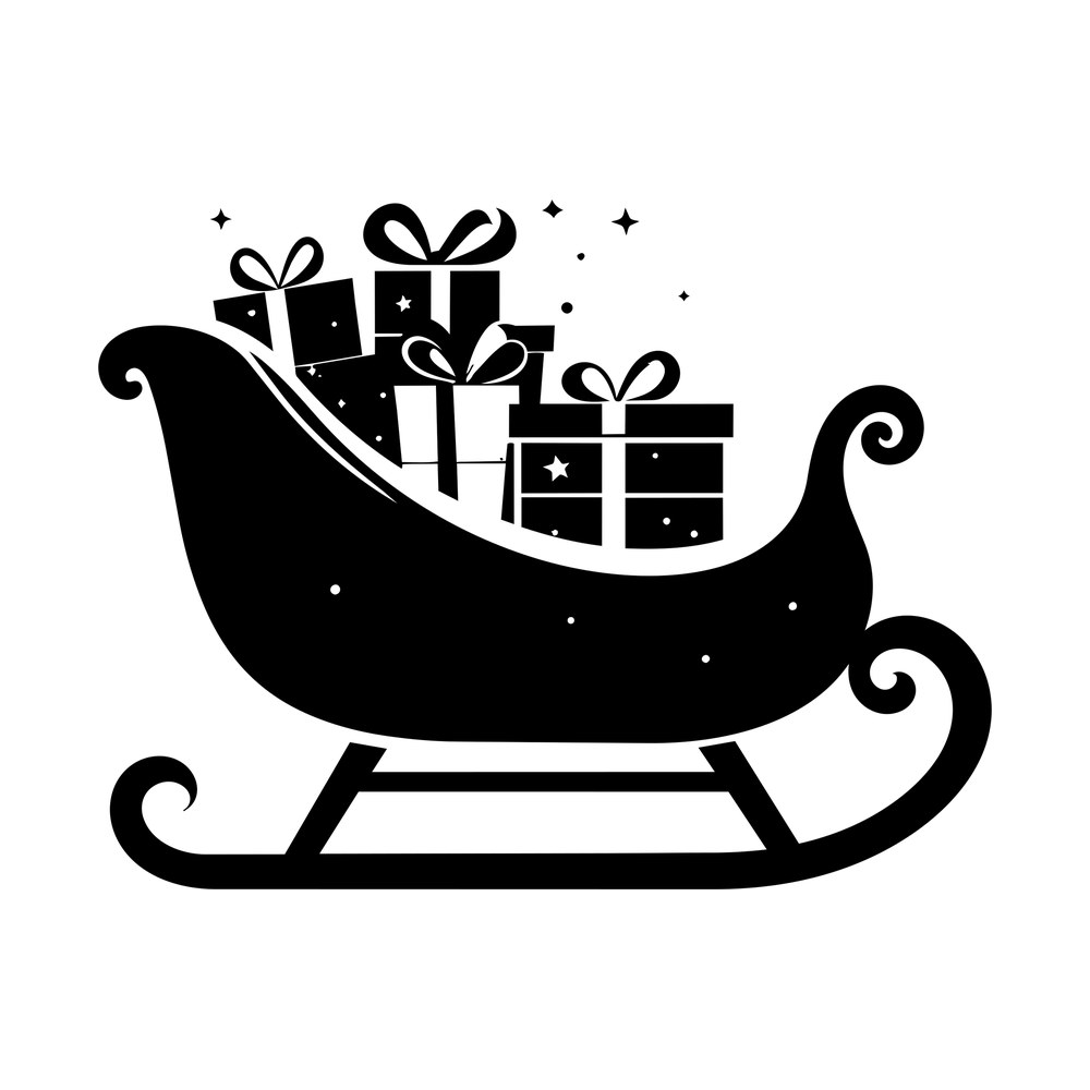Black silhouette of a Christmas sleigh filled with wrapped gifts, bows and small stars