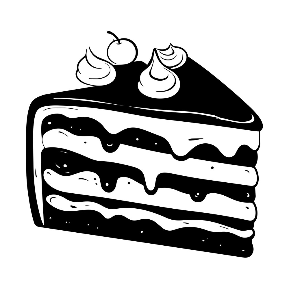 Black and white slice of three-layer cake with frosting drips, cream swirls and a cherry on top