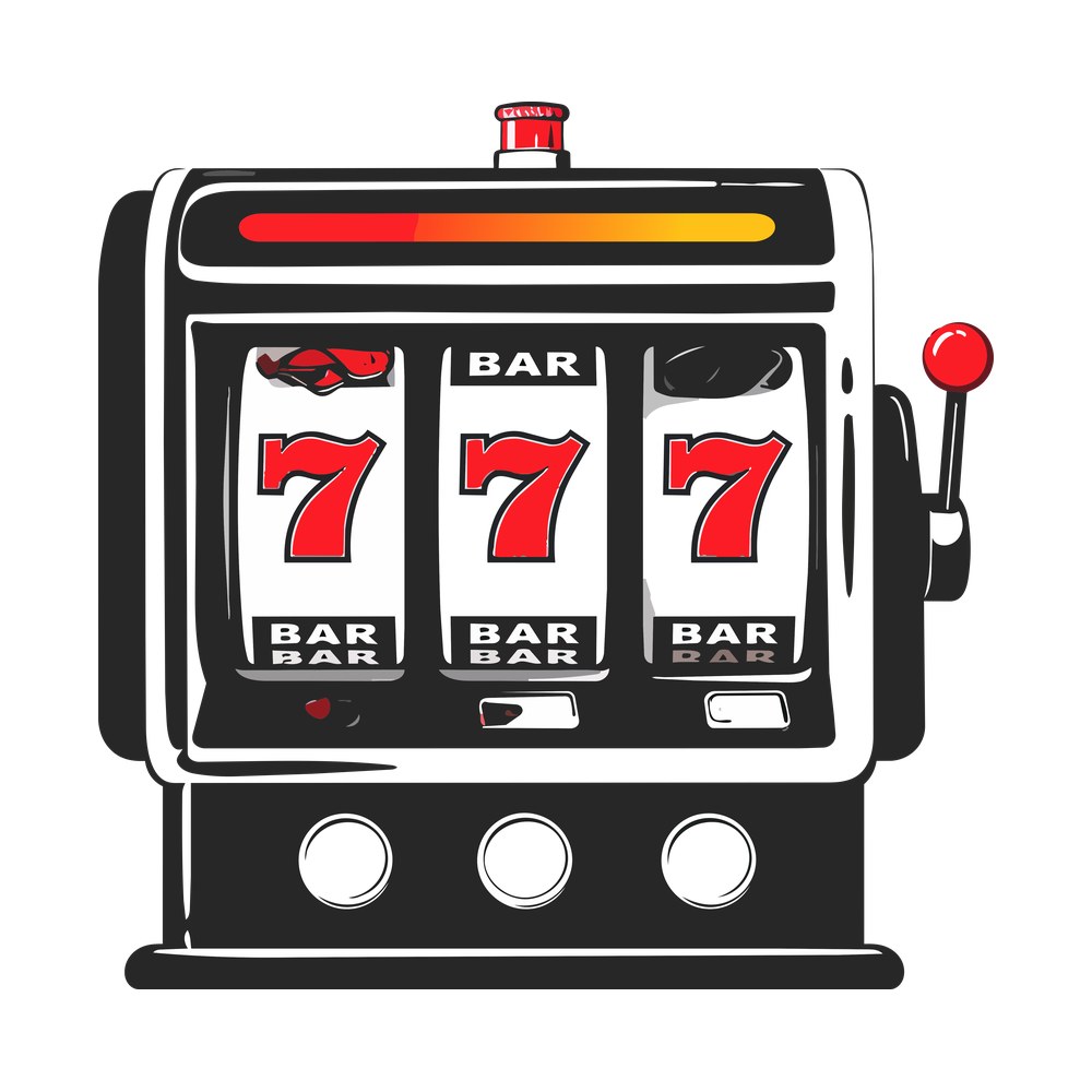 Slot machine with three red sevens, BAR symbols, white buttons and a red pull lever