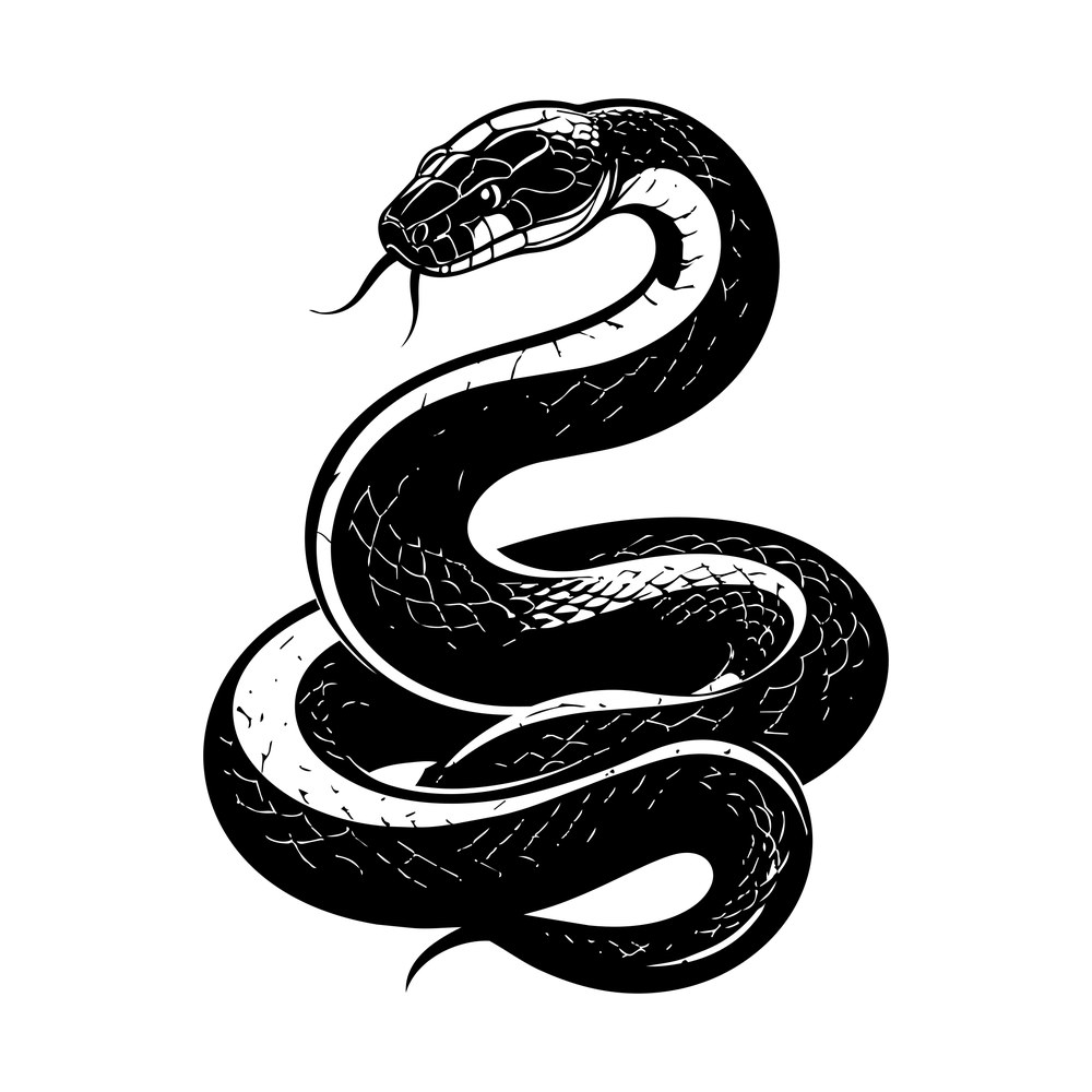 Black tattoo-style coiled snake with textured scales, raised head and forked tongue