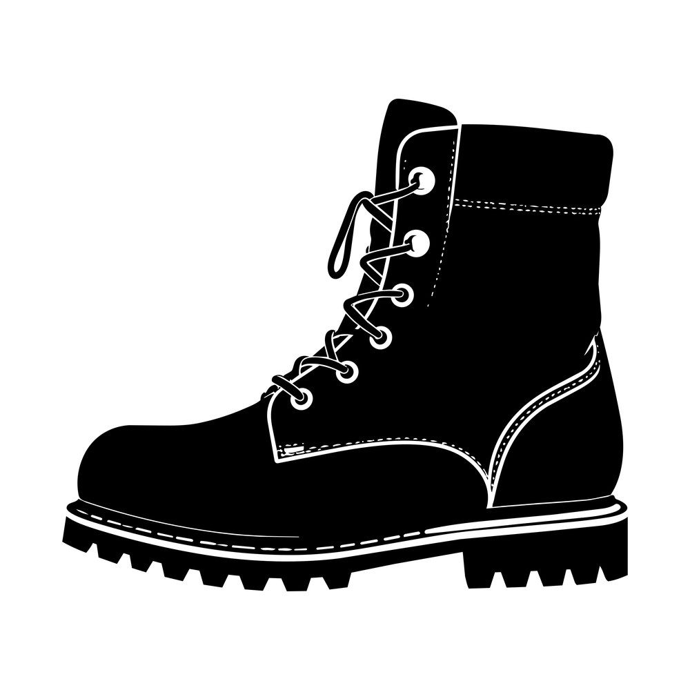 Side view silhouette of a laced winter boot with eyelets, stitching and a lugged rubber sole