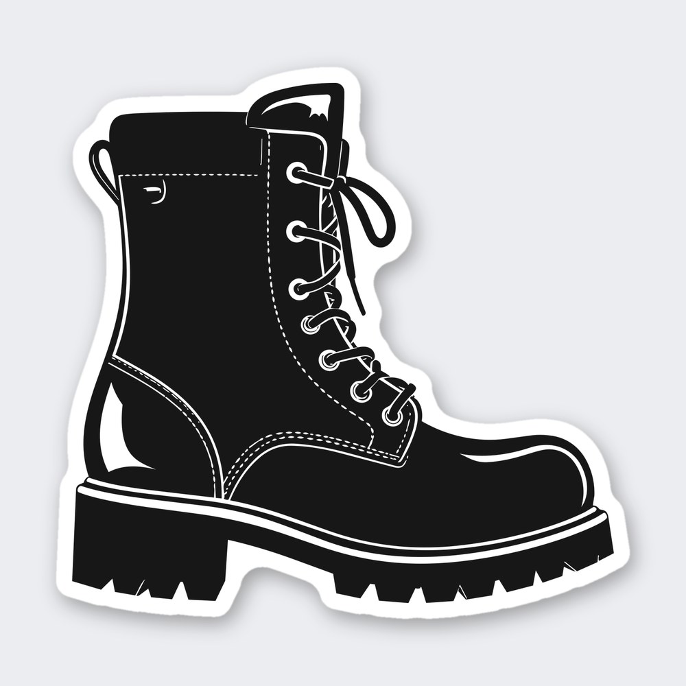 Black lace-up winter boot sticker, side view with laces, stitching and lug sole