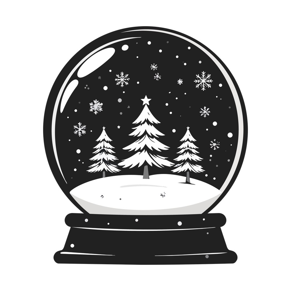 Snow globe with three white pine trees, a star and falling snowflakes on a dark base