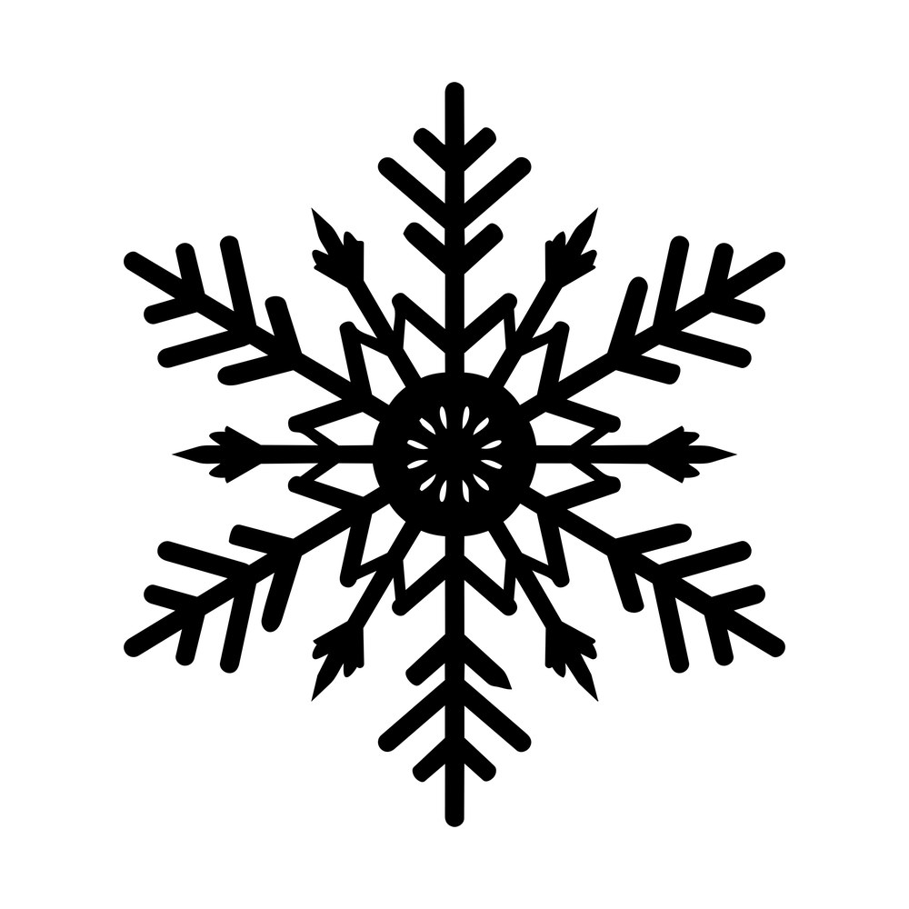 Minimal six-point black snowflake with arrow tips and a petal ring at the center