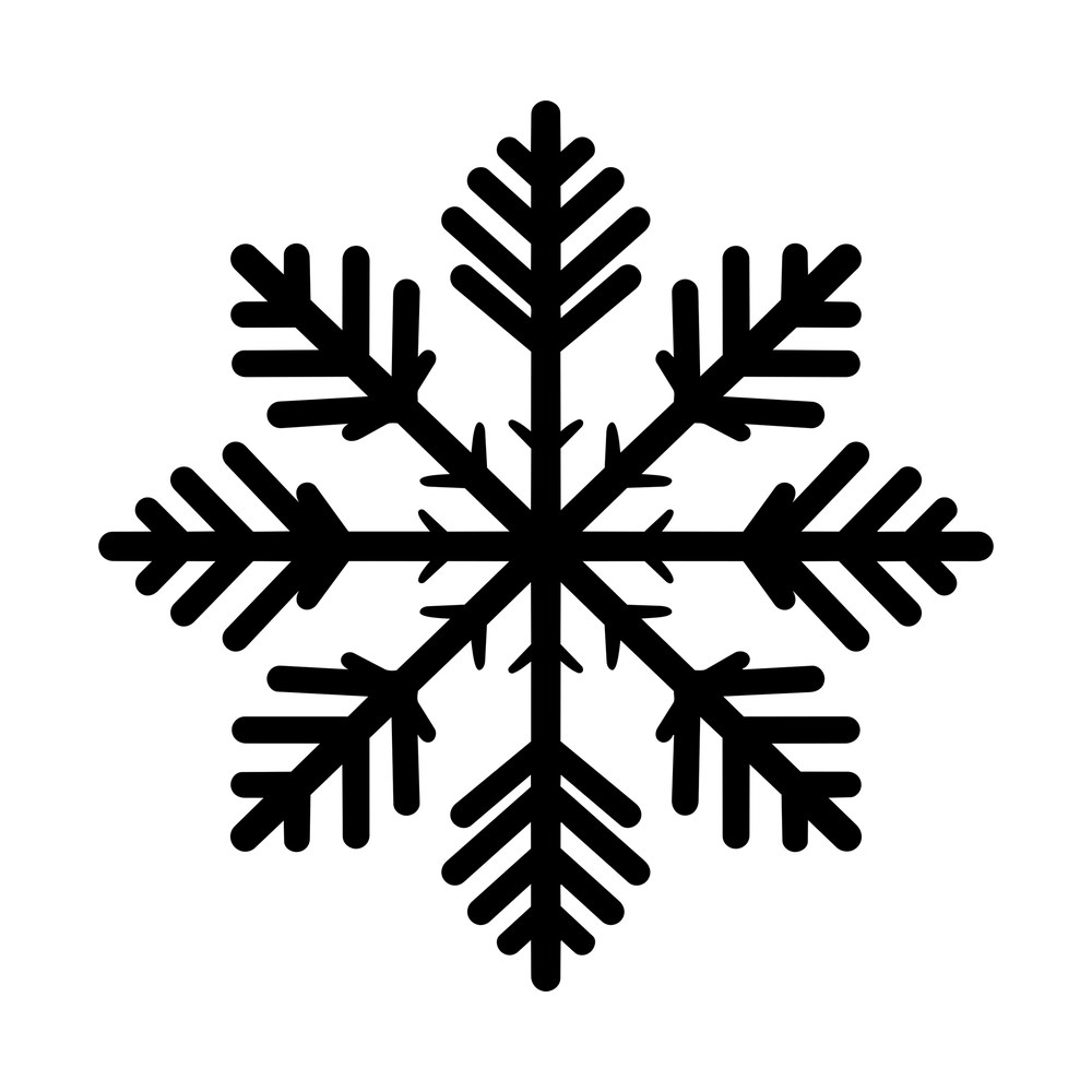 Solid black six-point snowflake with branching arms and needle spikes on white