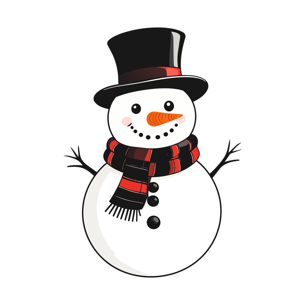 Cartoon snowman with black top hat, carrot nose, red and black plaid scarf and twig arms