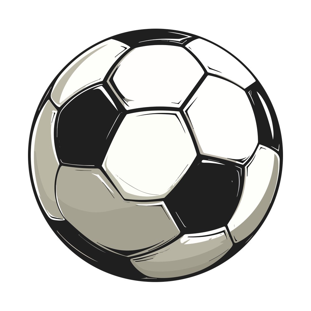 Retro hand-drawn soccer ball with black, white and gray panels and ink shading