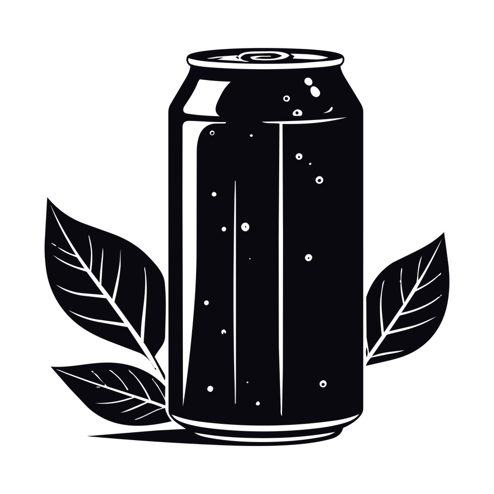 Black silhouette soda can with pull tab and bubbles, framed by three leaves on white