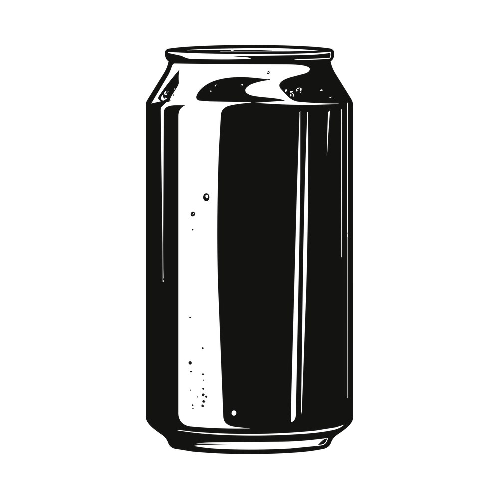 Ink sketch style black soda can decal with heavy shading, highlight lines and speckles