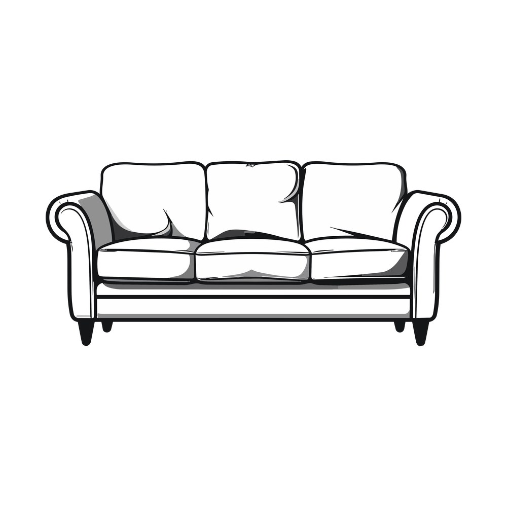 Front view line art of a three-seat sofa with rolled arms, three cushions and tapered legs
