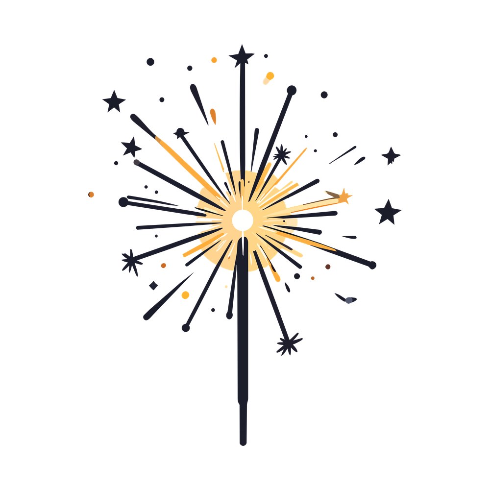 Lit sparkler with navy and gold rays, small stars and specks bursting from a glowing center