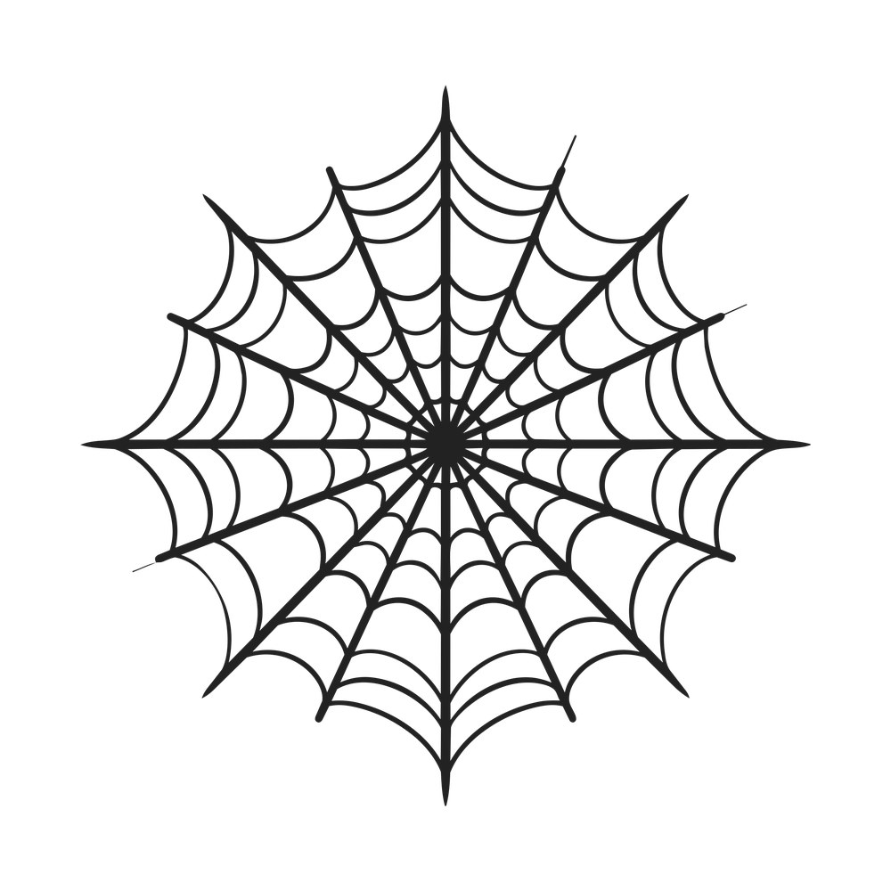 Black circular spider web with sixteen radiating spokes and curved scalloped strands
