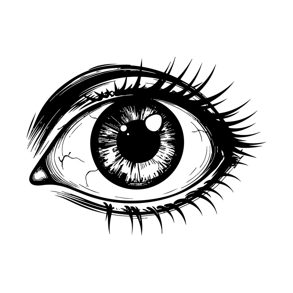 Hand-drawn wide open eye in black ink with thick lashes, striped iris and highlight dots