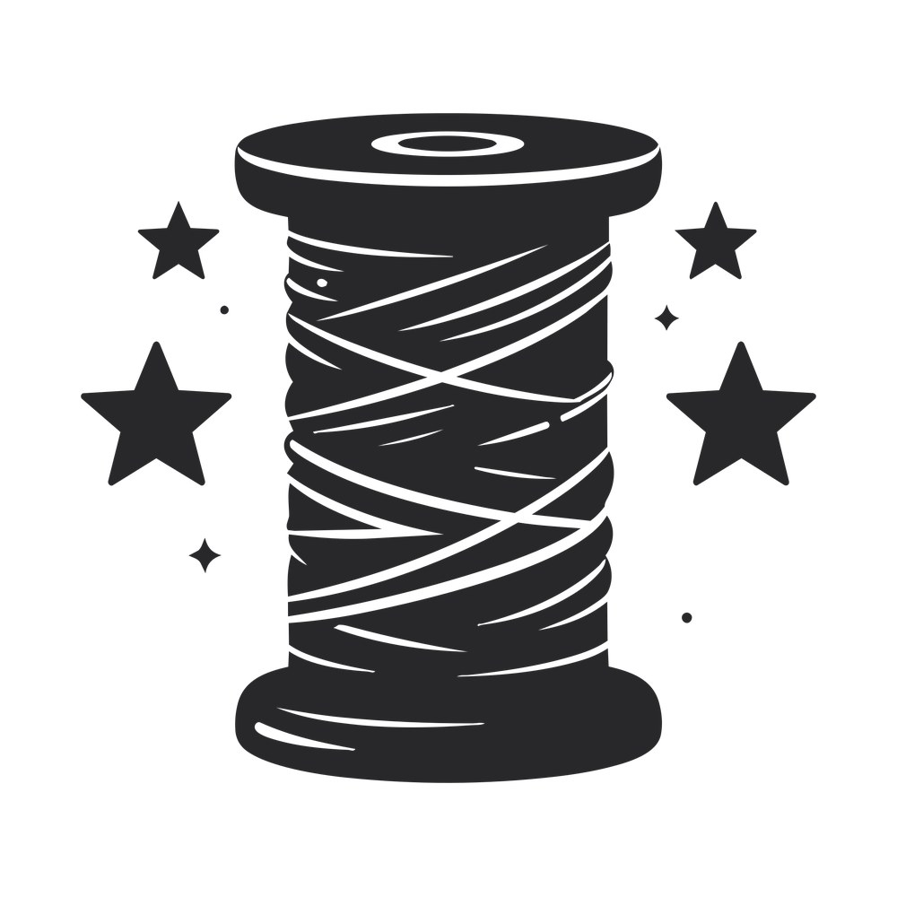 Black spool of wound thread with fine crossing thread lines and four stars around it