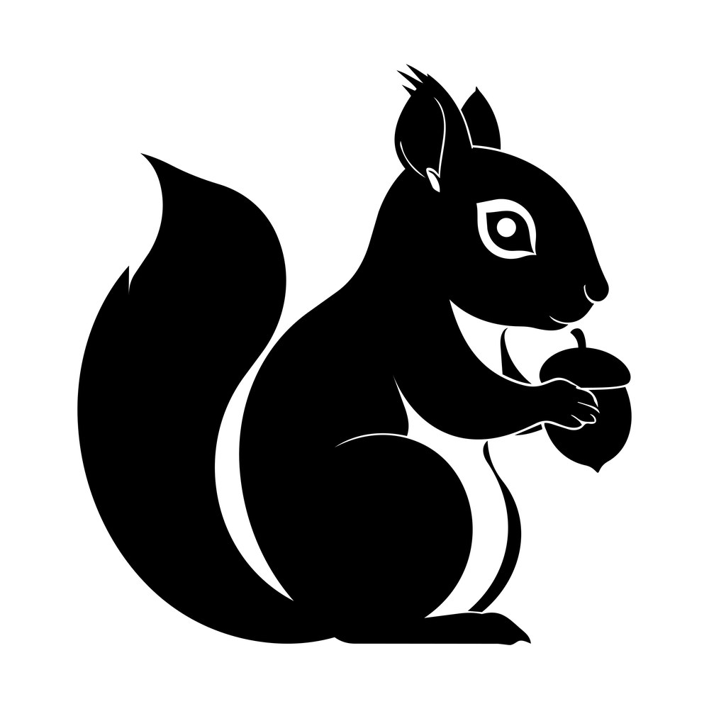 Minimal black squirrel silhouette in side view holding an acorn with a curled tail