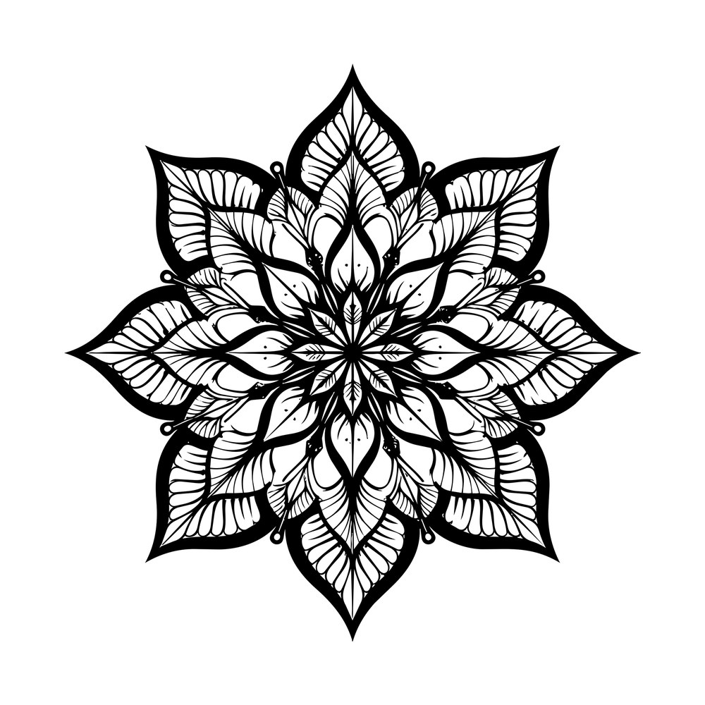 Eight-point star mandala of layered leaves with fine vein lines and dot accents