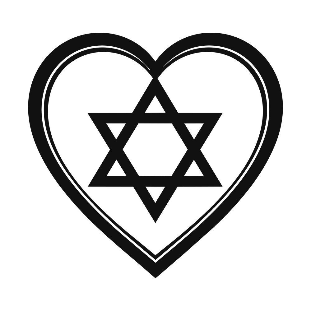 Six-pointed Star of David centered inside a thick double-outline heart shape in black