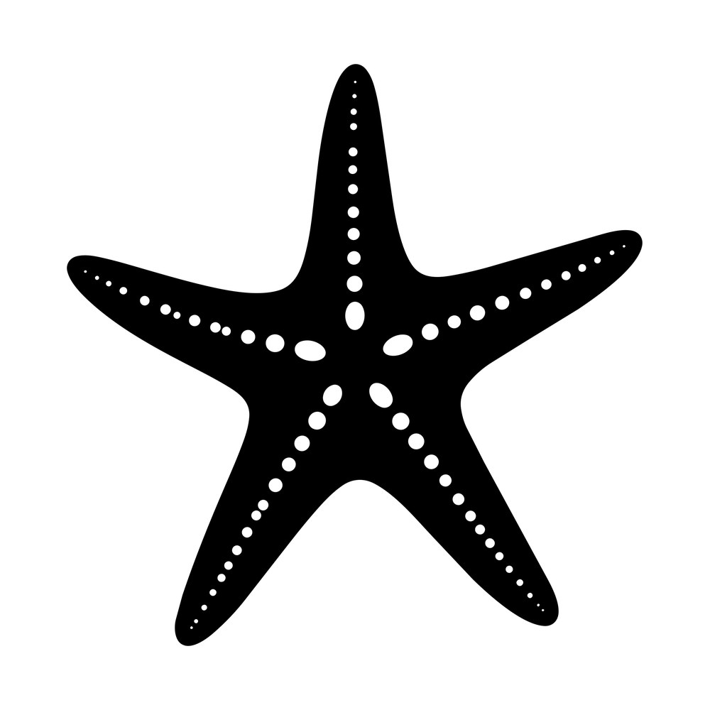 Solid black starfish with five tapered arms and rows of graduated cut-out dots on each arm