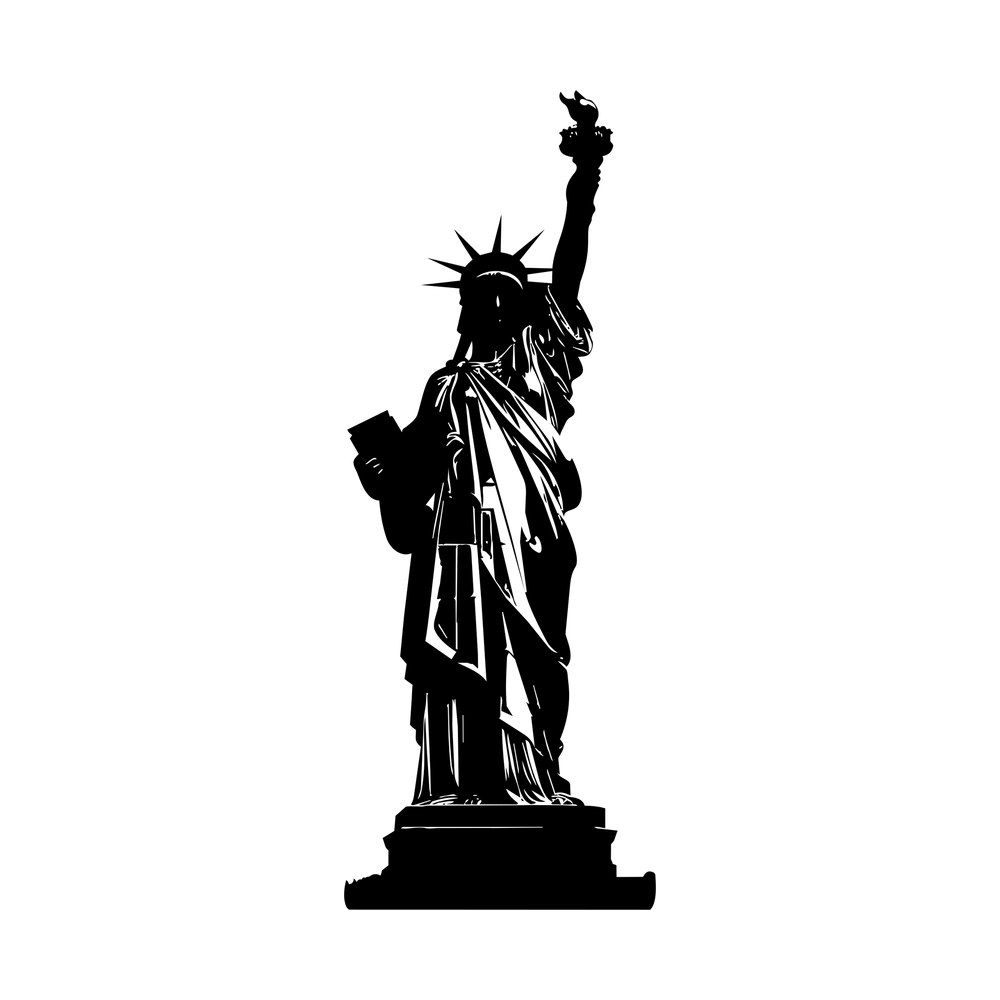 Statue of Liberty silhouette with raised torch, crown, tablet and pedestal base