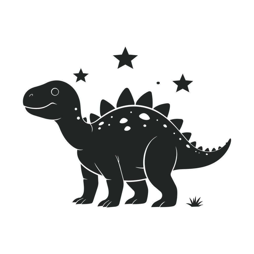 Smiling stegosaurus silhouette with back plates and spots beside three stars and a grass tuft