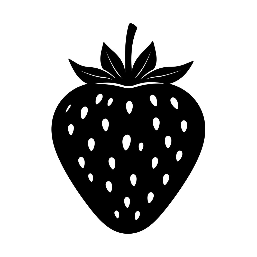 Black strawberry sticker with light seed dots, pointed leaves and a curved stem