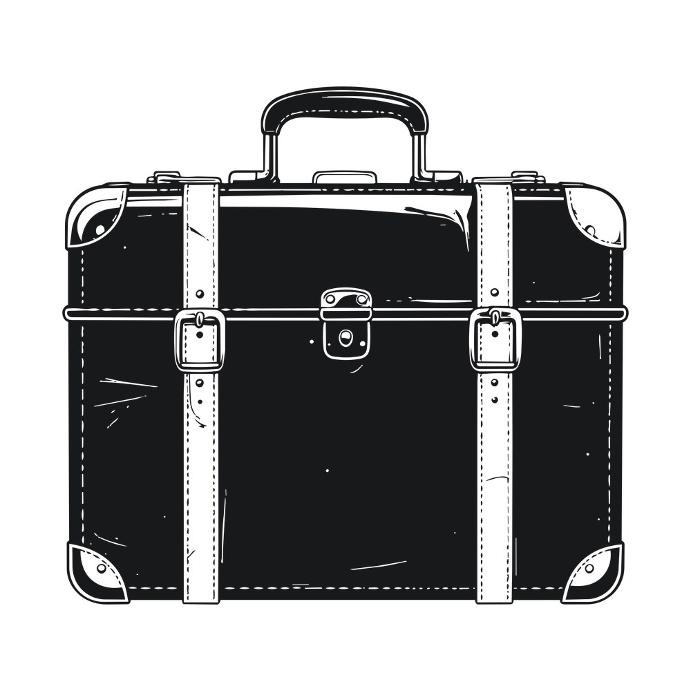 Silhouette of a retro hard-shell suitcase with two buckled straps, corner caps and carry handle