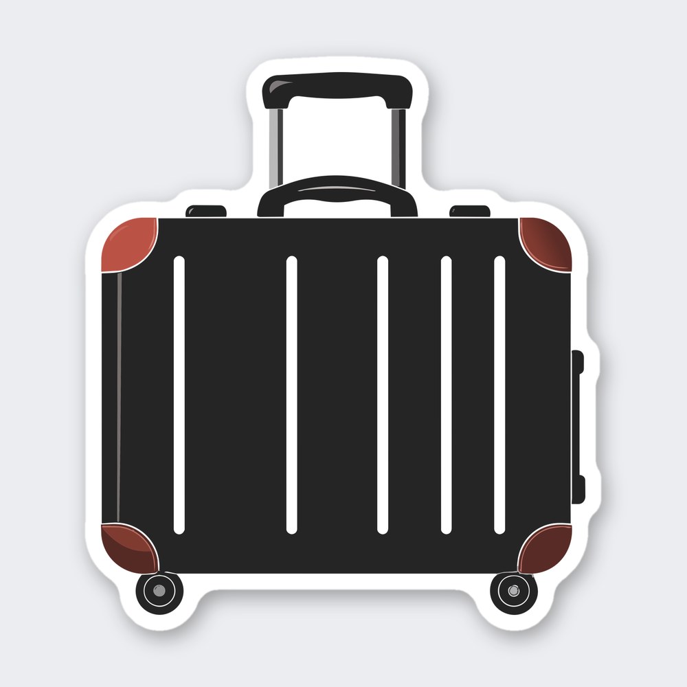 Black hardshell rolling suitcase sticker with brown corner guards, pull handle and spinner wheels