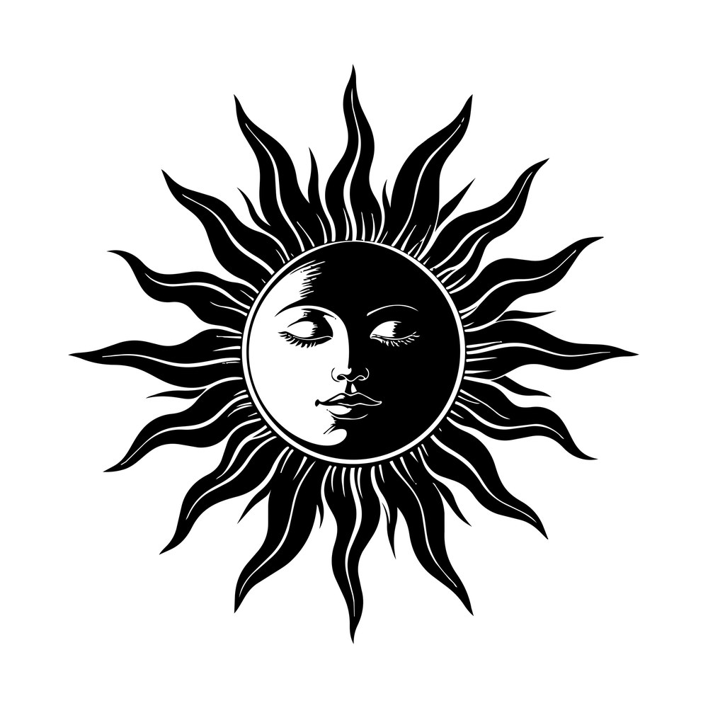 Boho sun sticker with a crescent moon profile face, closed eyes and long wavy flame rays
