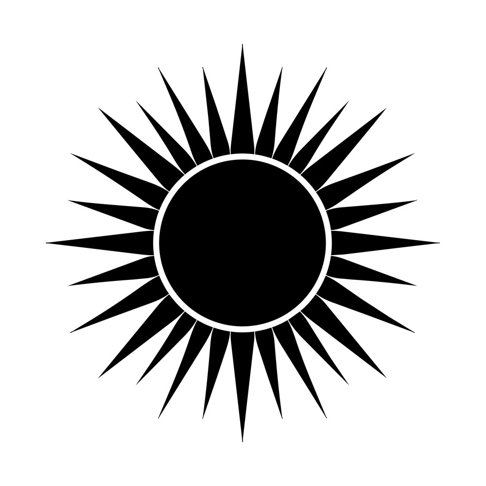 Solid black sun sticker with long pointed rays around a filled circle and thin white ring