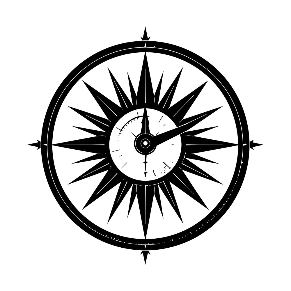 Compass rose sticker with pointed star rays, tick-marked dial face and thick outer ring with arrow points