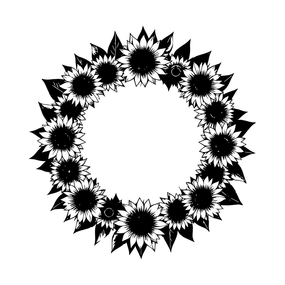 Black silhouette wreath of sunflowers and pointed leaves forming a ring with an empty center