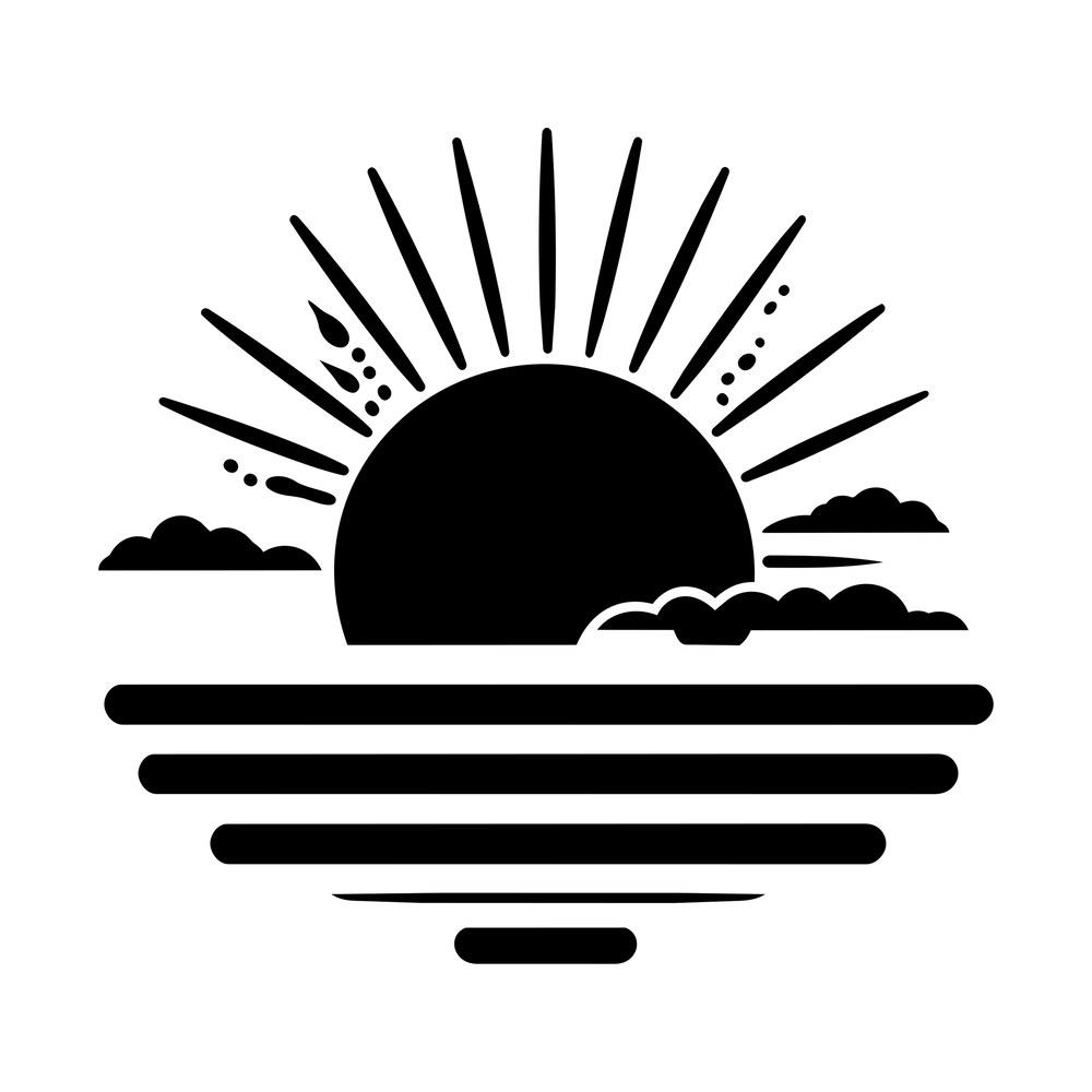 Sunset sticker with half sun, long rays, small clouds and stacked lines for water, in black