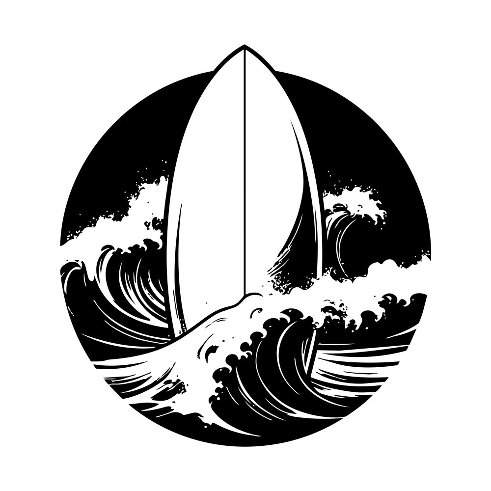 Surfboard upright among curling ocean waves inside a round black badge
