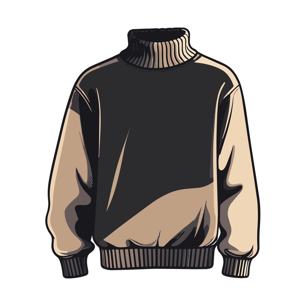 Illustrated retro turtleneck sweater with dark body, ribbed collar and hem, and tan cream sleeves