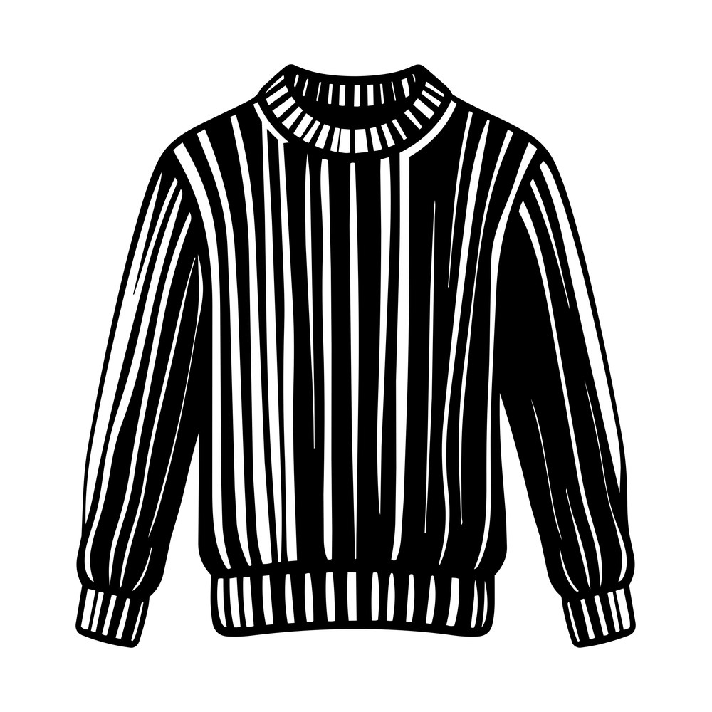Thick line drawing of a crewneck knit sweater with ribbed collar, cuffs and hem