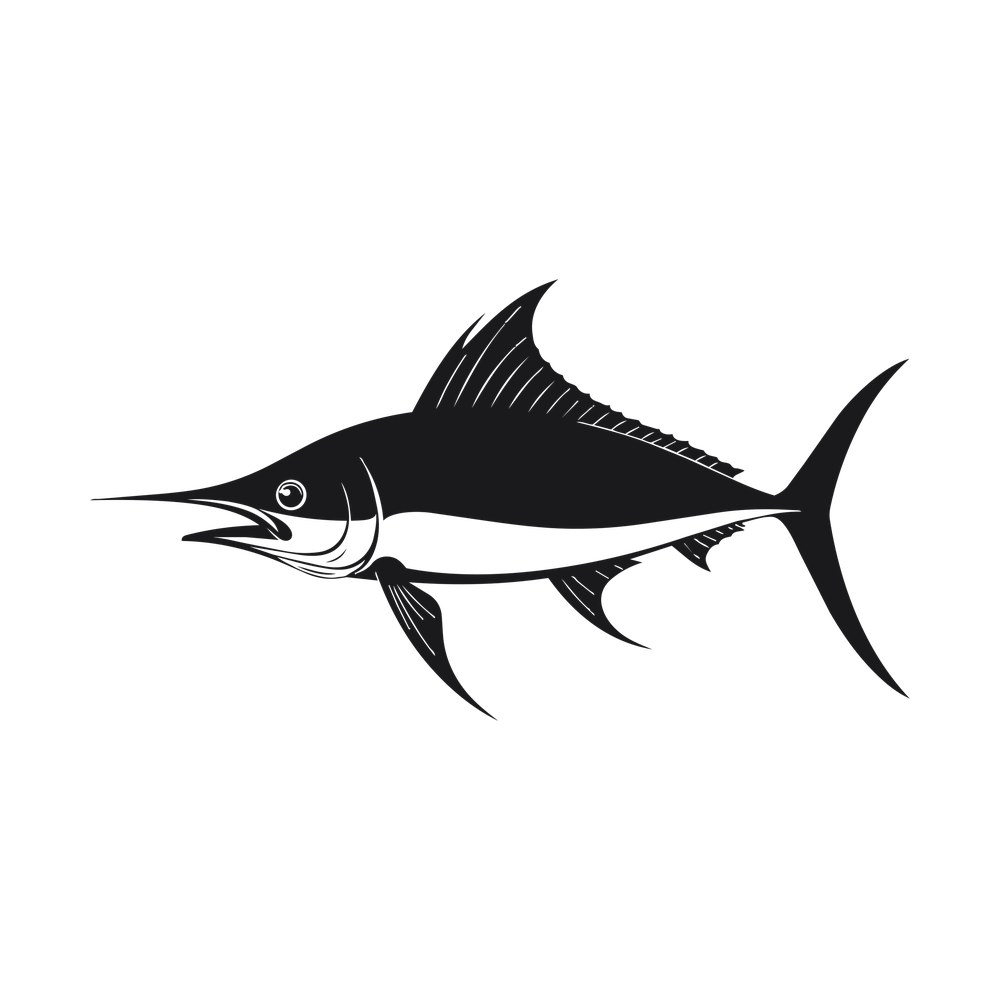 Black swordfish silhouette cut file in profile with long bill, tall dorsal fin and forked tail
