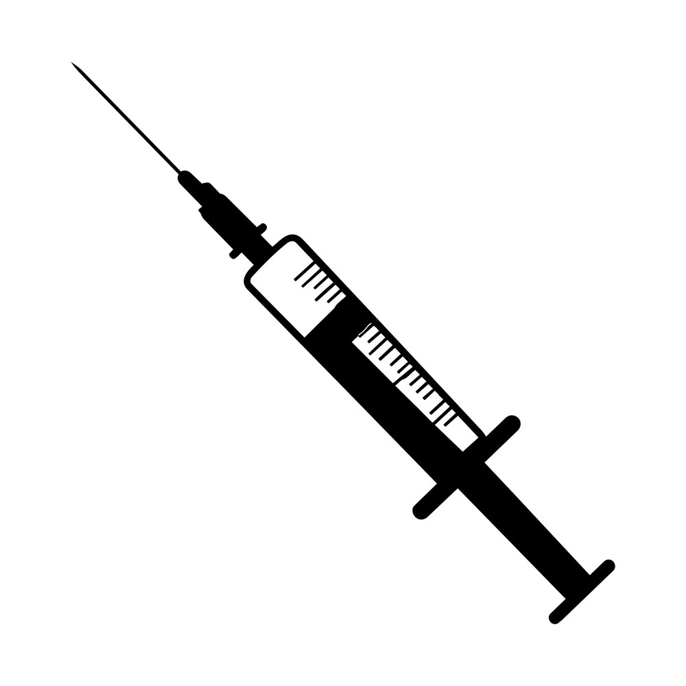 Black syringe silhouette angled with a thin needle, dose markings and finger grips