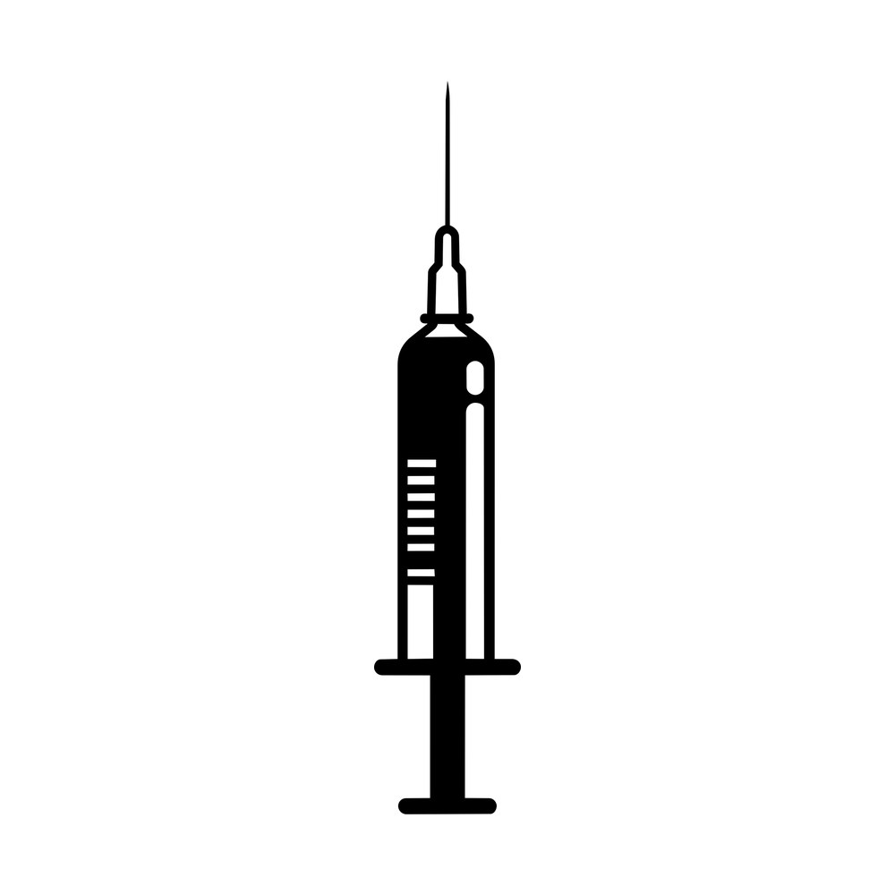 Black syringe sticker standing upright with fine needle, barrel markings and thumb rest