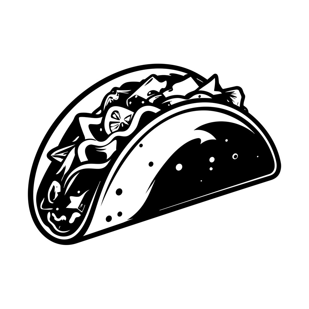 Black and white taco sticker with lettuce, tomato, lime wedge and sauce in a folded shell