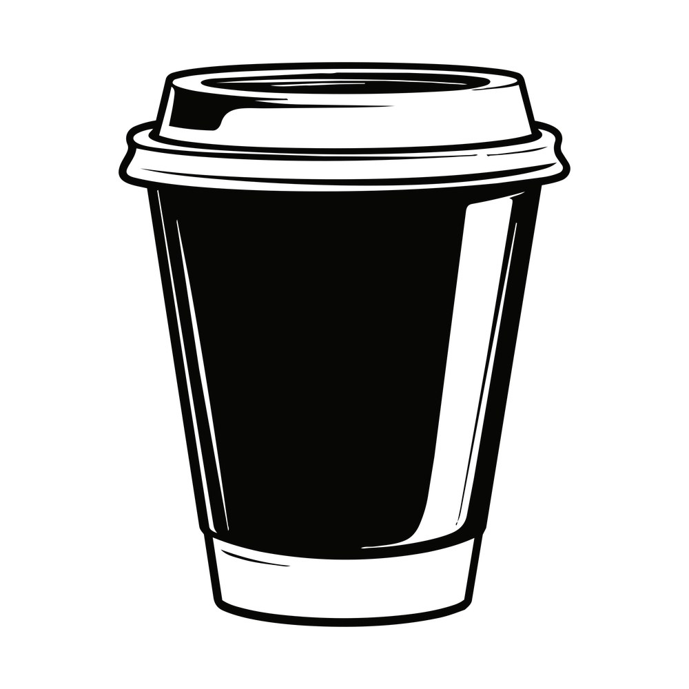 Black and white line art takeaway coffee cup with domed lid, sip hole and highlights