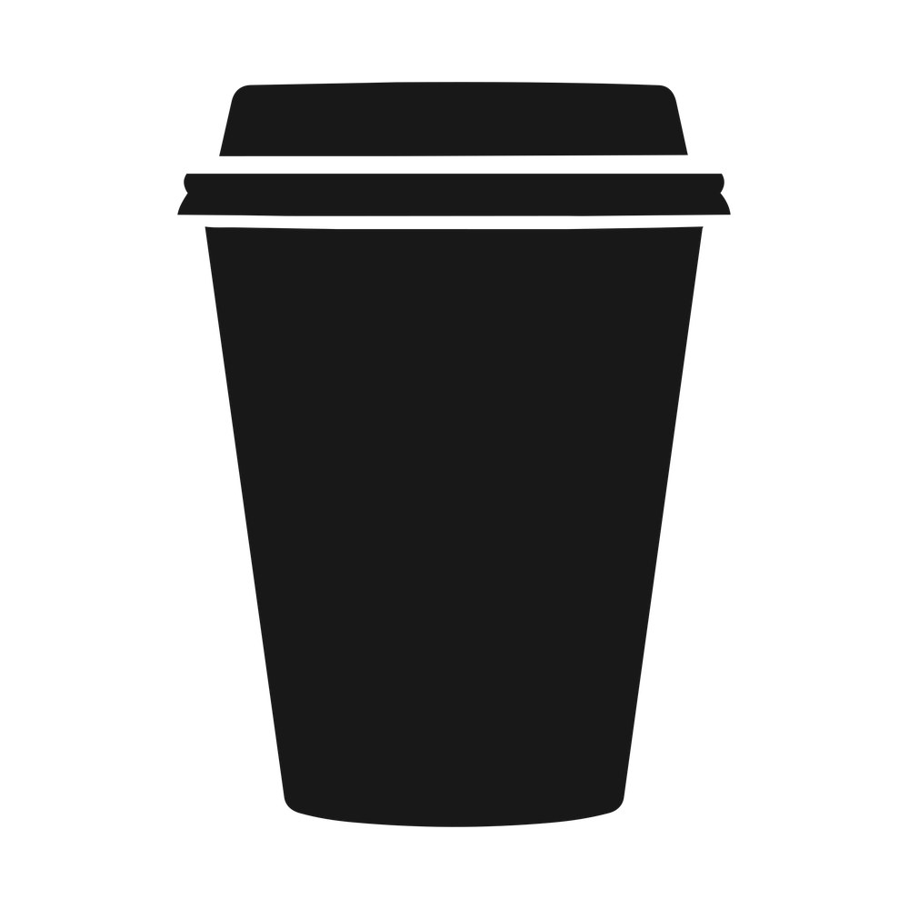 Solid black takeaway coffee cup silhouette with domed lid and rim band
