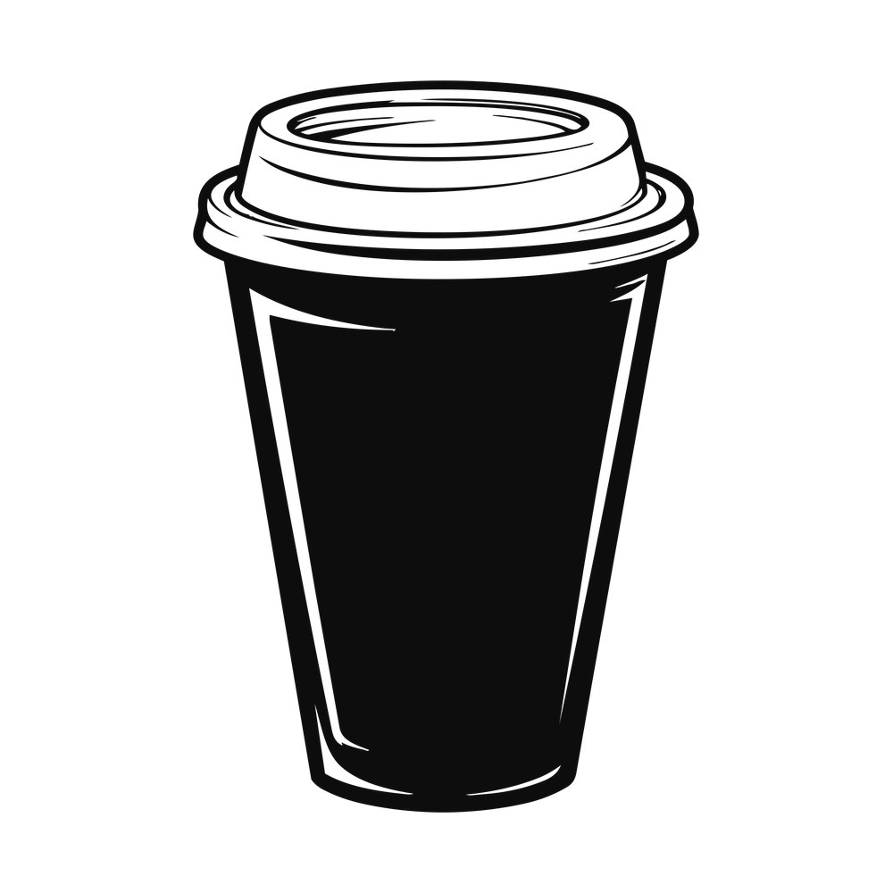 Bold ink drawing of a takeaway coffee cup with a domed sip lid and rolled rim