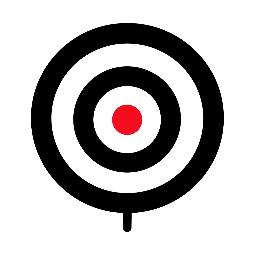 Bullseye target with three black rings, red center dot and short stand below