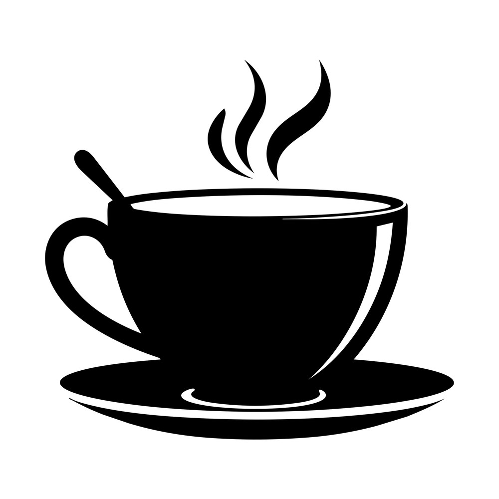 Tea cup on a saucer with a spoon and two curling steam wisps rising from the rim