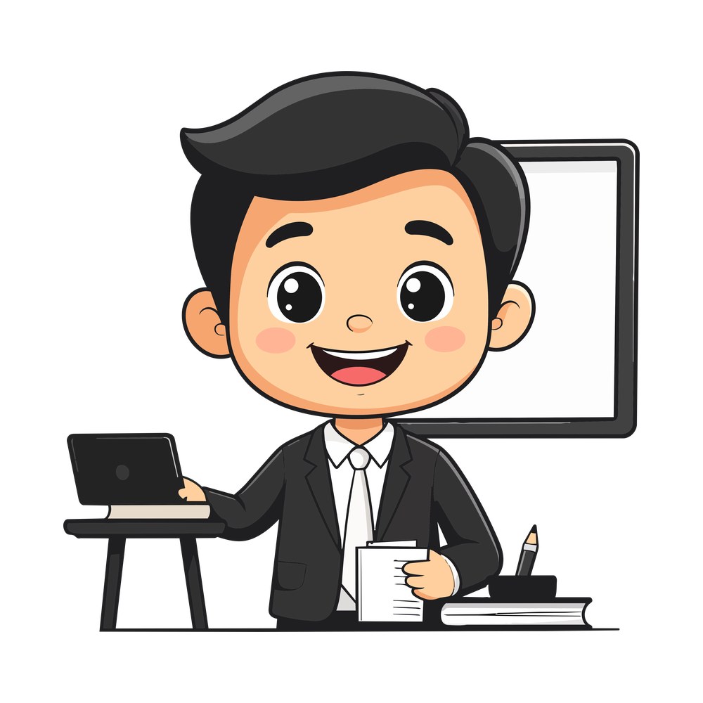 Cartoon teacher in a suit at a whiteboard with a laptop, notes, books and a pencil