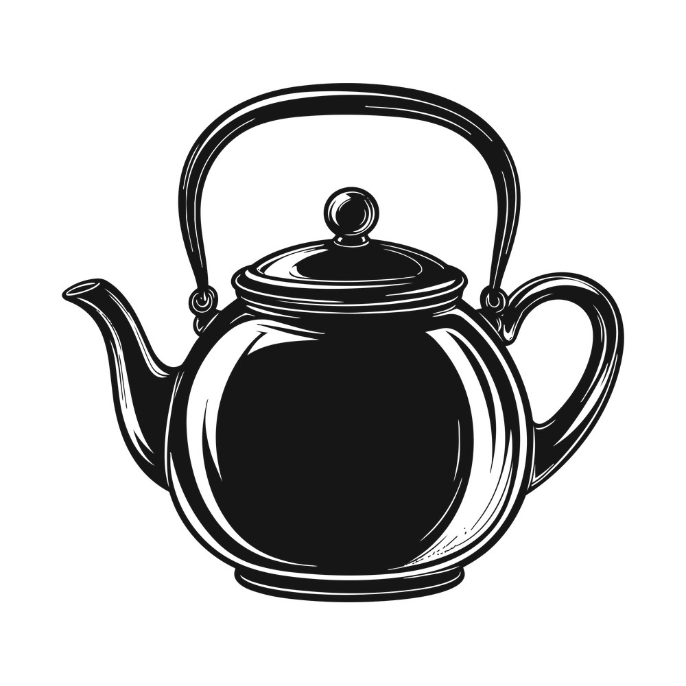 Inked line art teapot with domed lid, curved spout, side handle and arched wire bail